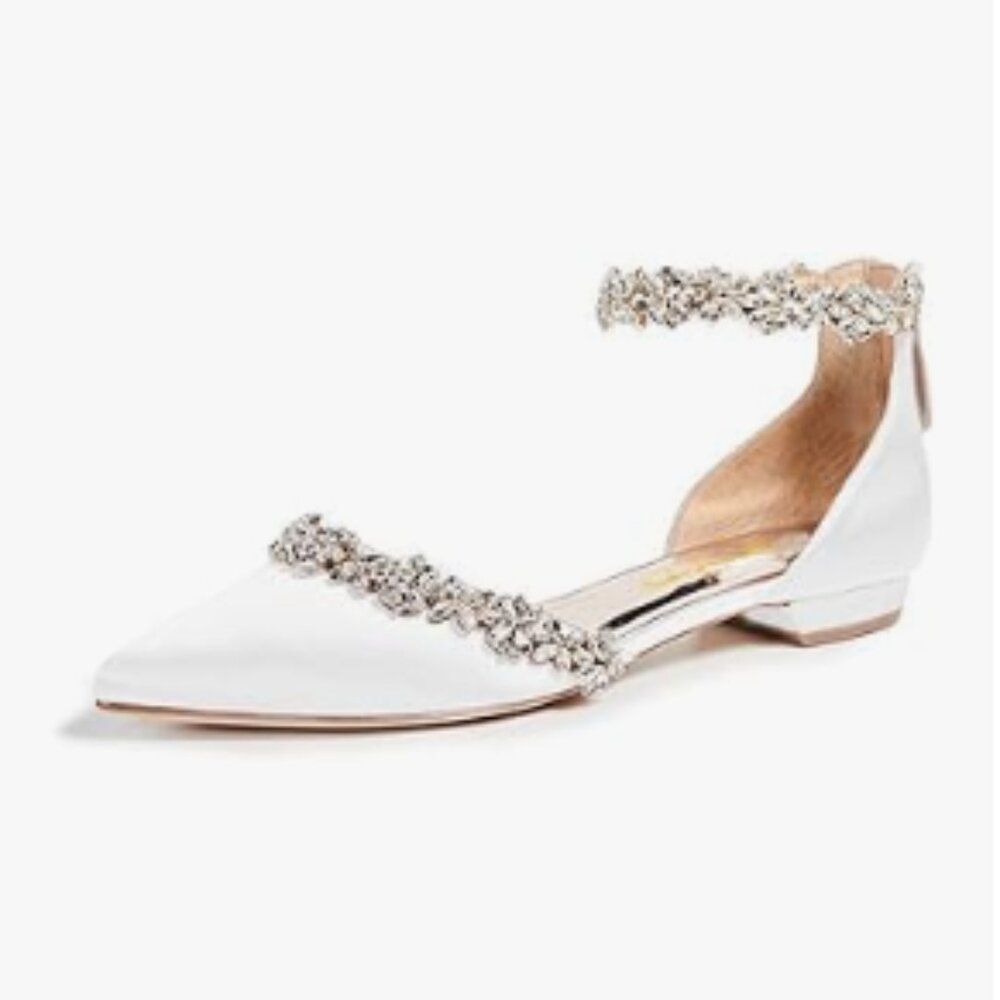 XYD White Pointed-Toe Ankle-Strap Flats with Crystal Accents